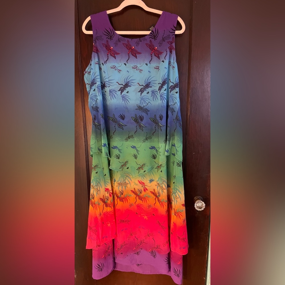 Rainbow tiered sleeveless tunic dress.